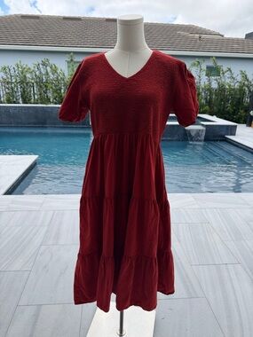 XL Rust Red V-Neck Tiered Short Sleeve Dress s10